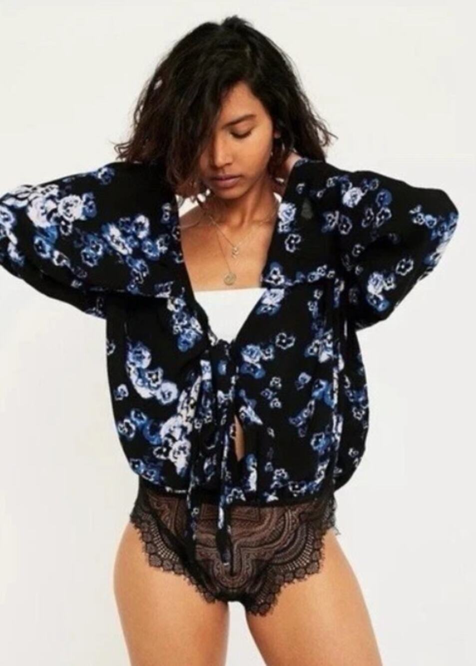 Free People Intimately Bodysuit Black Blue Floral V-neck Lace Fairy Whimsy Small